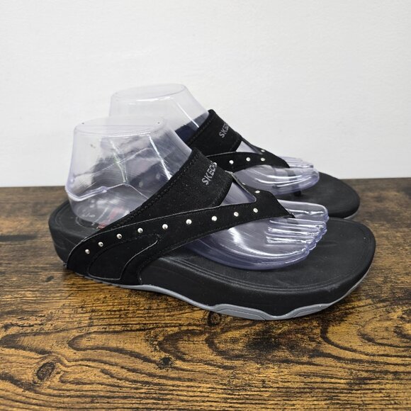 Skechers Tone Ups Sandals Womens 9 Thong Black Toe Post Casual Studded 37556 - Picture 1 of 9